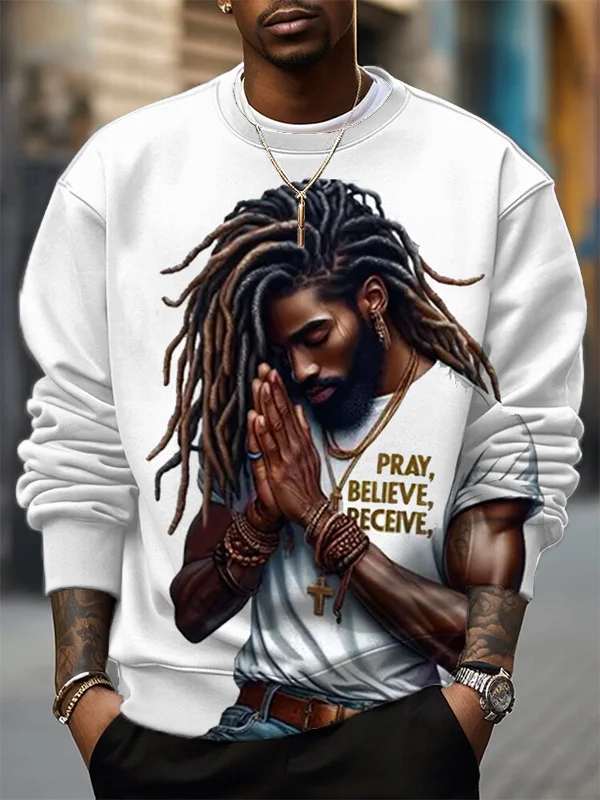 Men's Pray Believe Receive Print Casual Sweatshirt