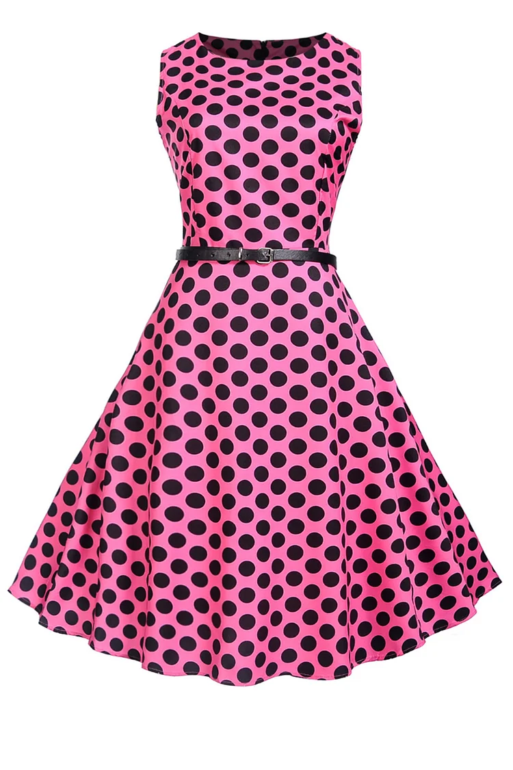 1950s Hot Pink Casual Polka Dot Fitted Waist Swing Midi Dress (With Belt)