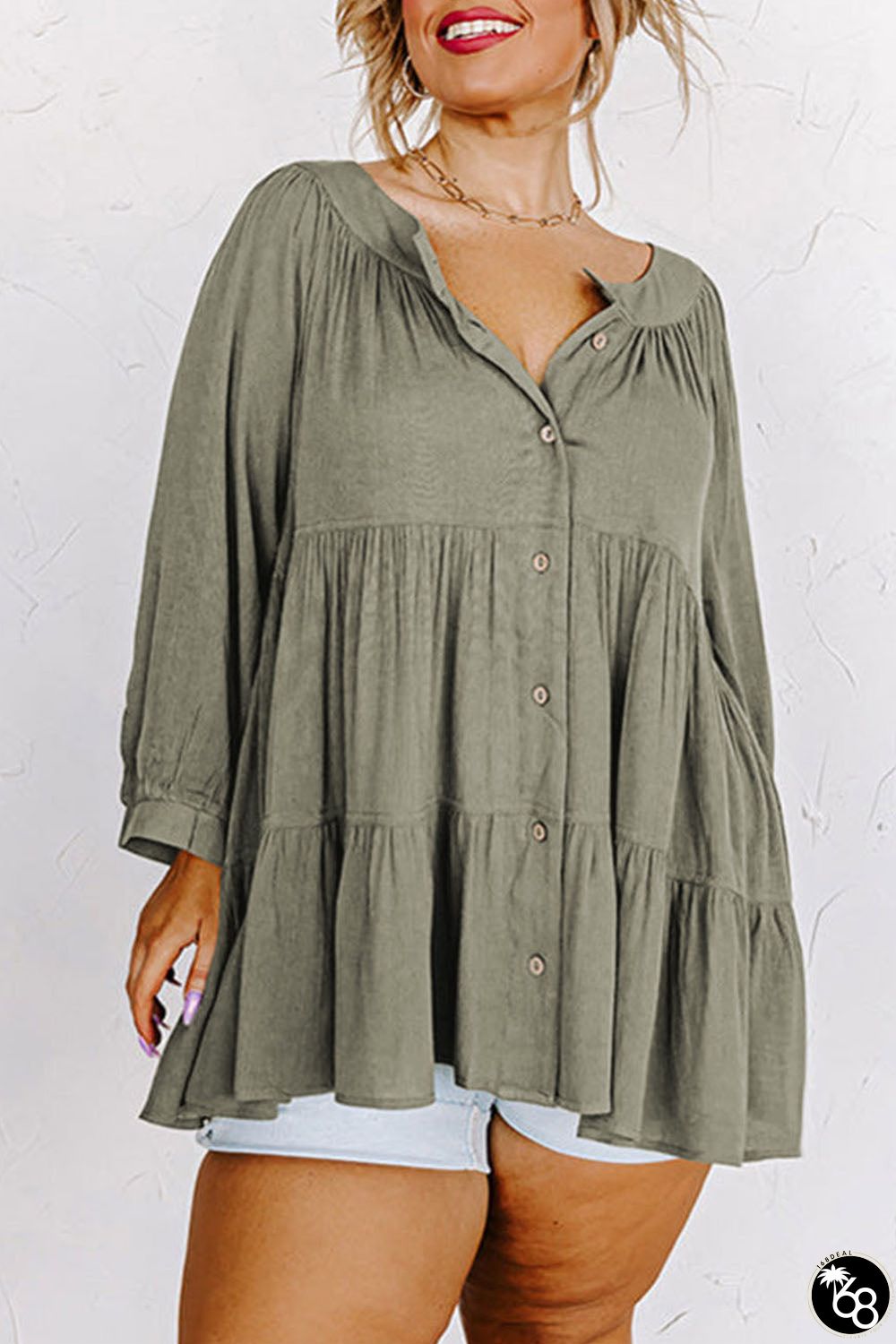 Green Plus Size Ruffle Tiered Split Neck Shirt | 168DEAL
