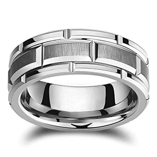 Silver Brick Pattern Women's Or Men's Tungsten Carbide Wedding Band Faceted Rings,Tungsten Silver Brick Pattern Comfort Fit Grooved With Mens And Womens Ring For 4MM 6MM 8MM 10MM