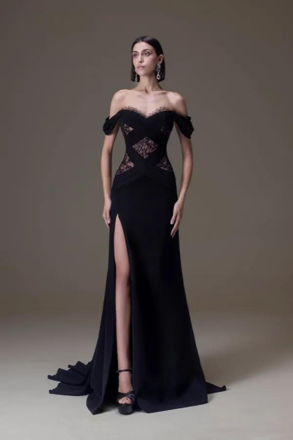 Lussooy Chic Black Off the Shoulder Lace Pleated Floor Length Split Prom Dress