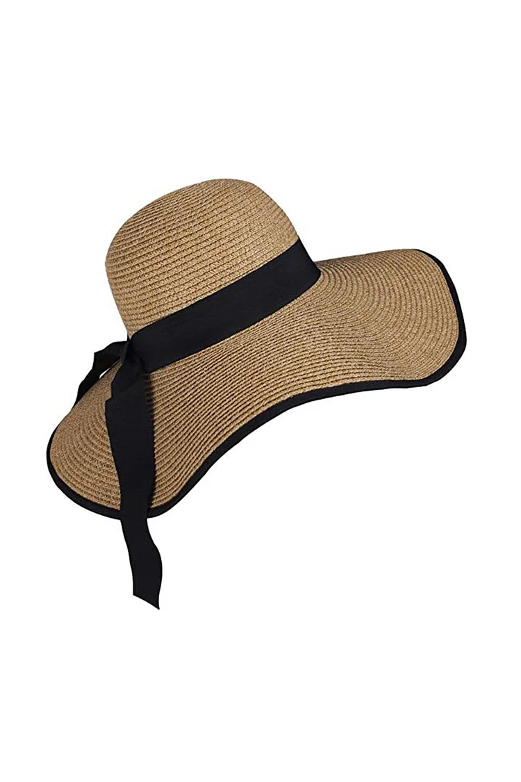 1950s Khaki Vacation Bow Large Eaves Straw Hats