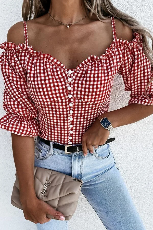 Check Print Off-shoulder Top P10699