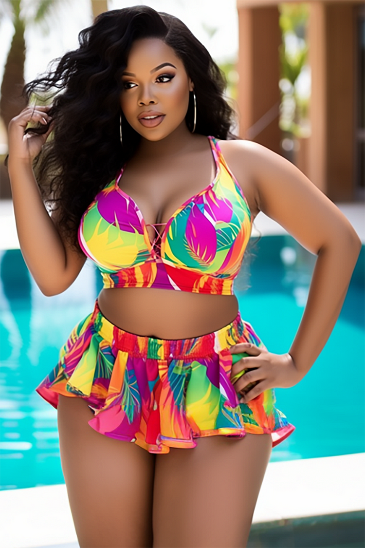 Xpluswear Design Plus Size Beach Multicolor Tropical Print Swimsuit Fabric Two Pieces Swimsuit