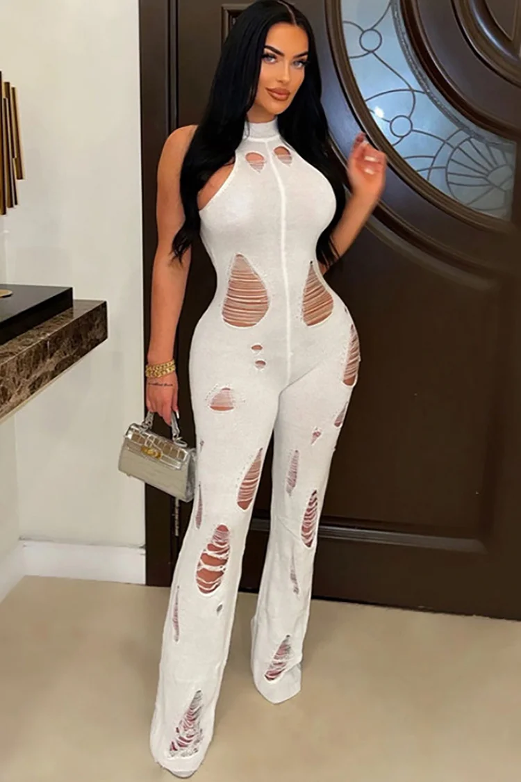Knit Hollow Out Sleeveless Straight Leg Slim Fit Party White Jumpsuit