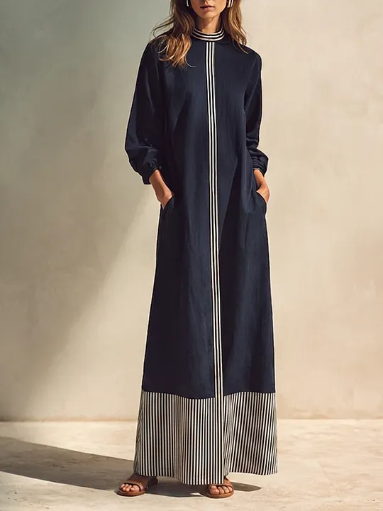 Women's Stand-Collar Cotton-Linen Maxi Dress With Color-Block Striped Hem MD