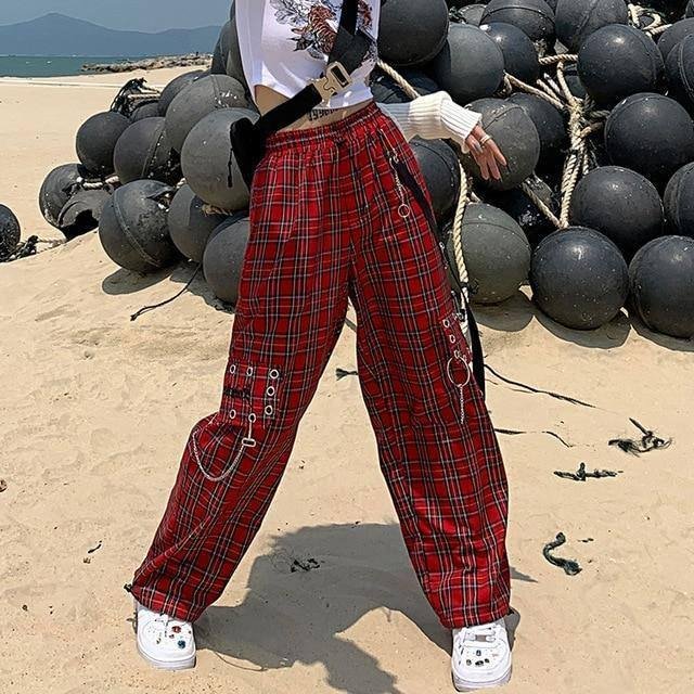 HOUZHOU Punk Pants Women Autumn Streetwear Plaid Pants Women Hip Hop Wide Leg Pants Checkered Pants Fashion Women Trousers