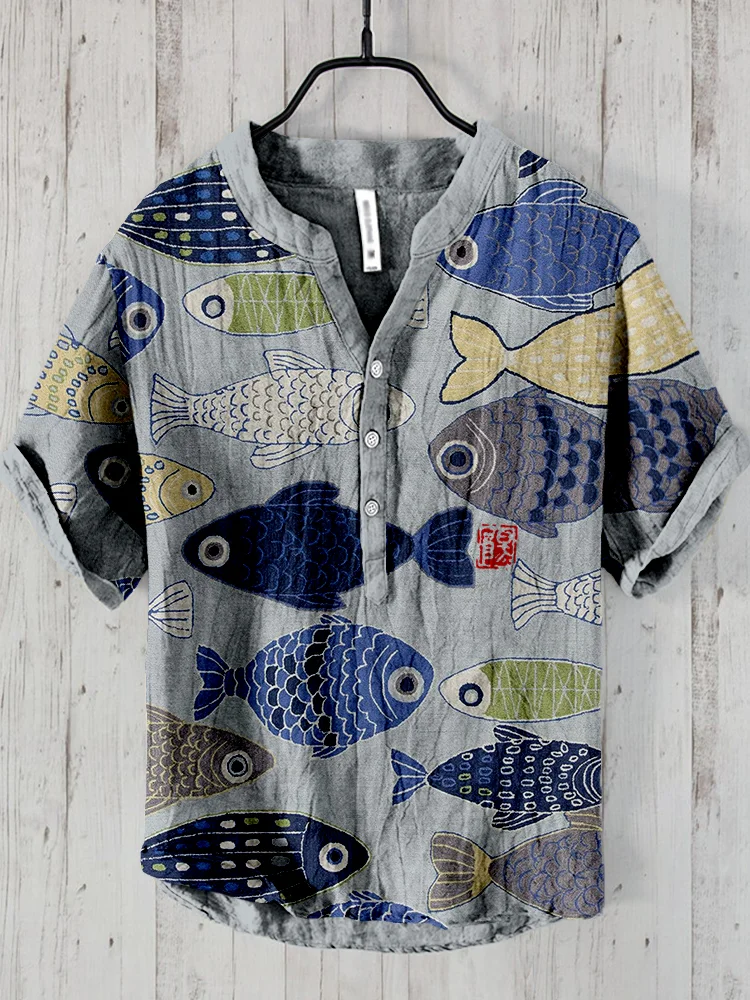 Comstylish Vintage Fish Japanese Art Linen Blend Cozy Shirt