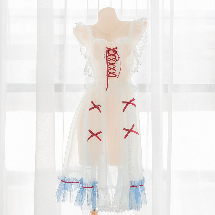 Cute See Through Dress Blue Details Red Ribbons Lingerie SP16316