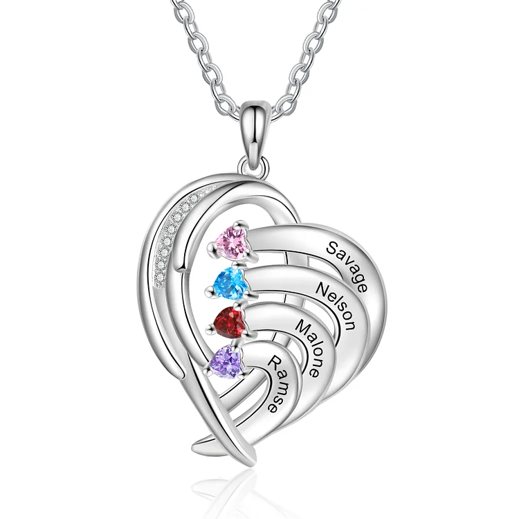 Personalized Heart Wing Necklace Custom 4 Birthstones for Family