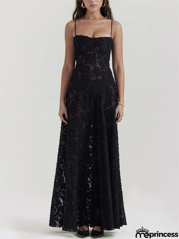 Female Sexy Black Embroidered Strappy Evening Dresses