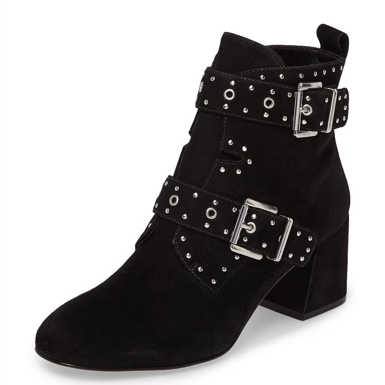 Black Motorcycle Boots Suede Block Heel Studs Short Boots with Buckles |FSJ Shoes