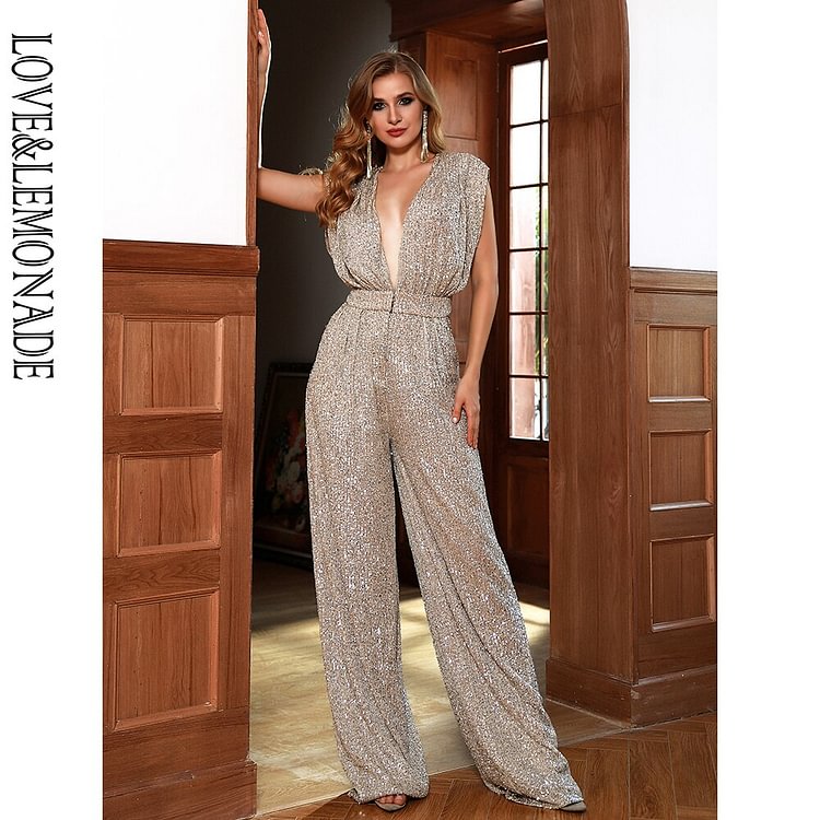 Sexy Silver Deep V-Neck Open Back Loose Elastic Sequin Jumpsuit LM82918-1 - BlackFridayBuys