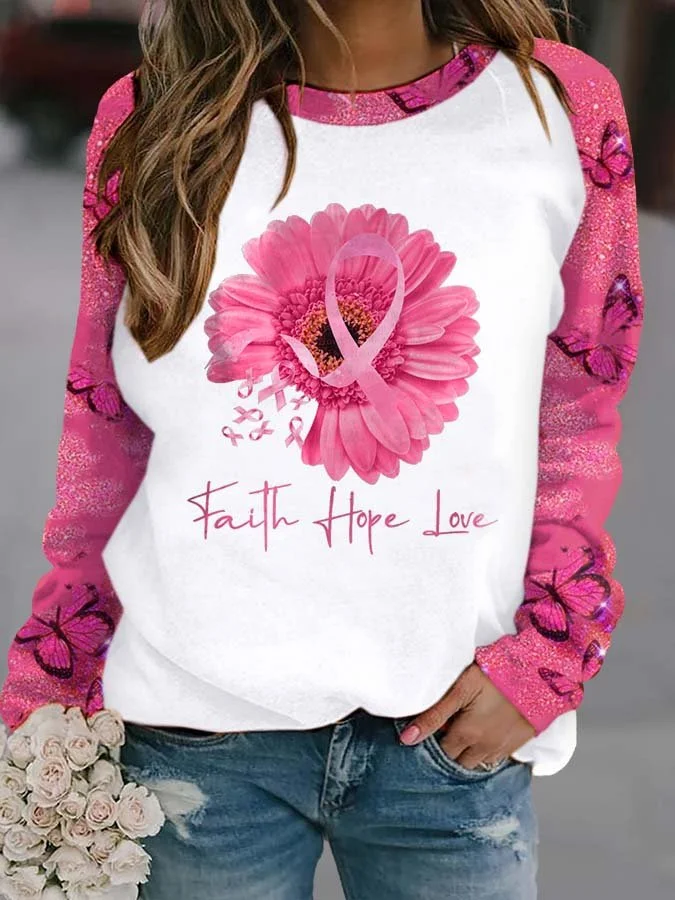 Women's Pink Breast Cancer Print Long Sleeve Crewneck Sweatshirt socialshop