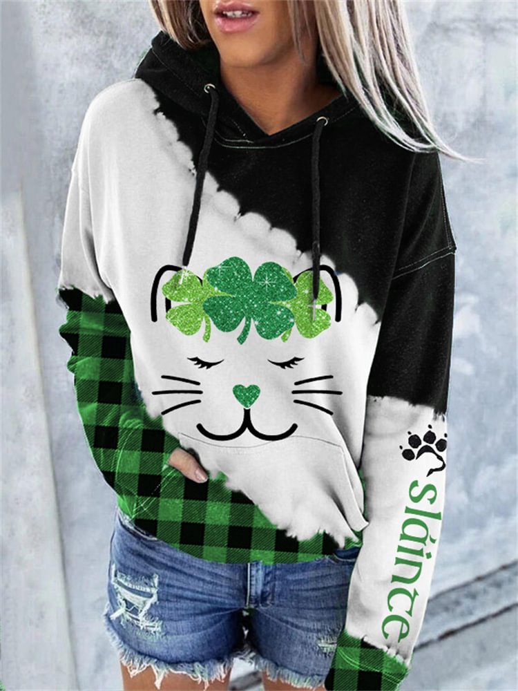 Slainte Cat With Glitter Clover Plaid Tie Dye Hoodie