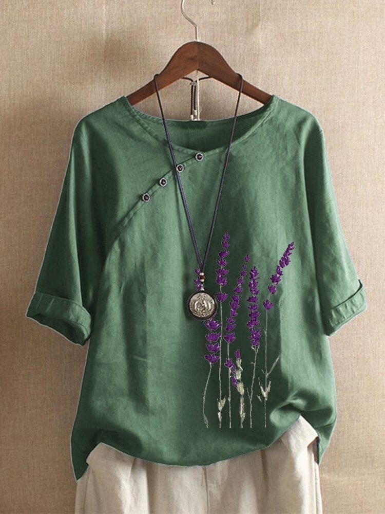 Embroidery Floral Button Short Sleeve O Neck T shirt P1682089
