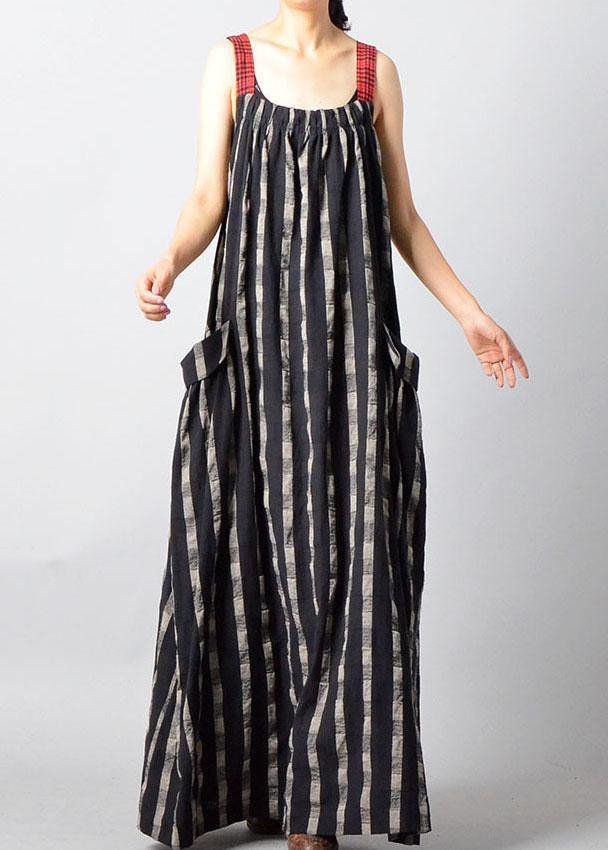 Art Black Plaid Patchwork Pockets Cotton Linen Summer Maxi Dresses