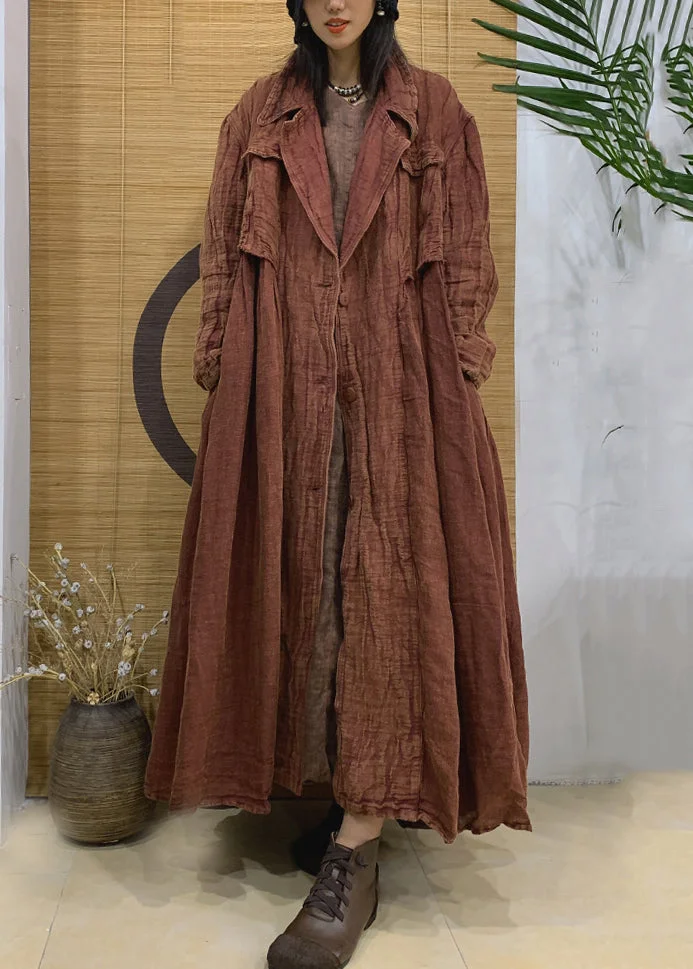 Vintage Caramel Notched Button Linen Trench Coat Spring
