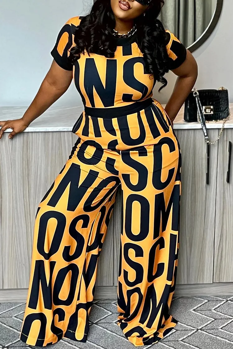 Orange Fashion Casual Letter Print Patchwork O Neck Regular Jumpsuits