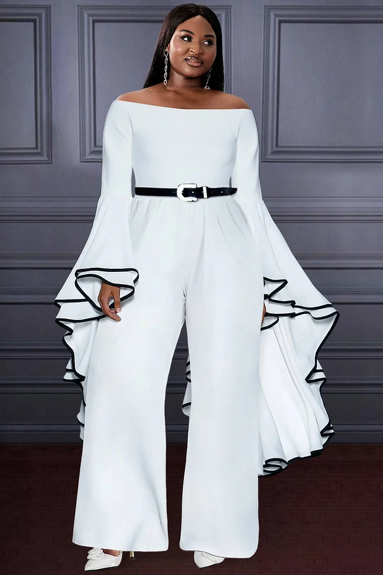 Plus Size Formal Jumpsuit Casual White Fall Winter Off The Shoulder Petal Sleeve Long Sleeve Jumpsuit [Pre-Order]