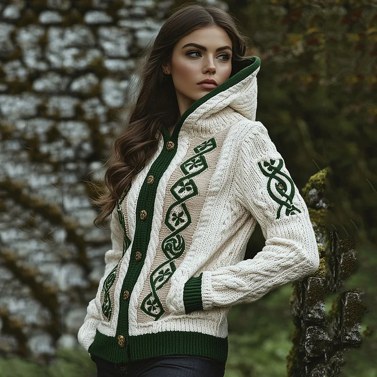 Women's Contrast Clover Jacquard Pocket Hooded Aran Sweater