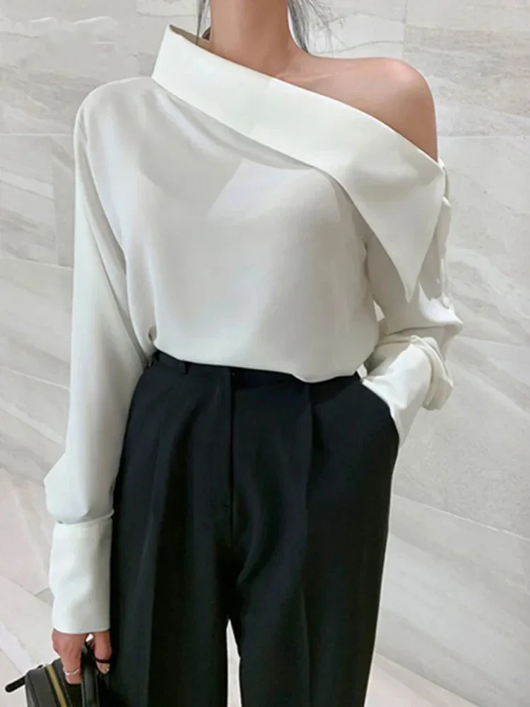 Elegant Women Sexy Korean One Black Top Spring Summer Leisure Versatile Women's Off The Shoulder Long Sleeved White Blouses