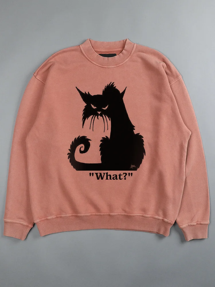 Men's Halloween Black Cat What Print Crew Neck Sweatshirt
