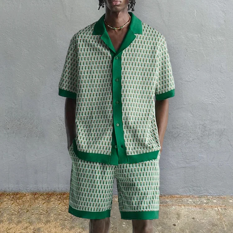 BrosWear Green Square Vacation Breasted Shirt And Shorts Co-Ord