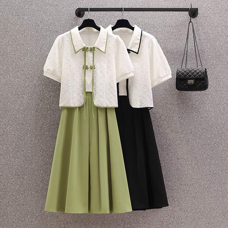 Vintage Lapel Buckle Top Pleated Skirt Two Pieces Set