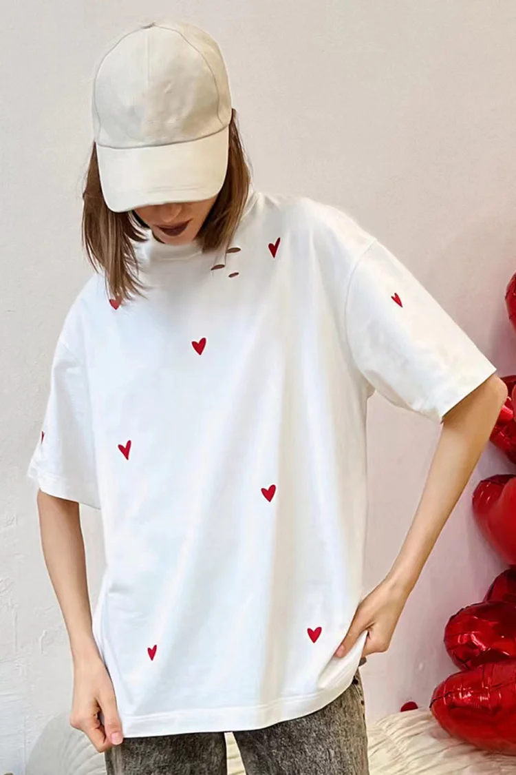 Heart Print Ripped Short Sleeve Round Neck Loose T-Shirt-White