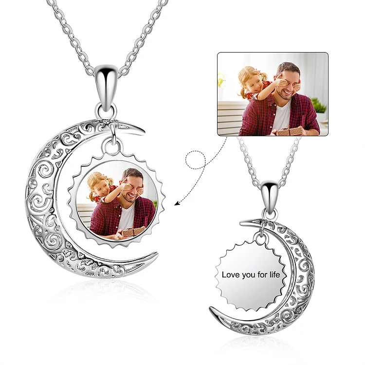 Personalized Photo Necklace Half Moon Charm with Engraving