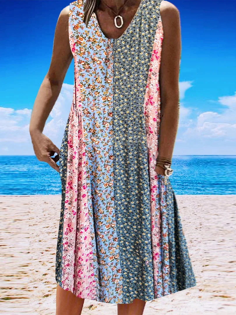 Women's Blue V-Neck Sleeveless Floral Printed Midi Dress