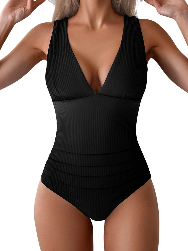 Tummy Control Wide Straps Plunge V Neck One Piece Swimsuit