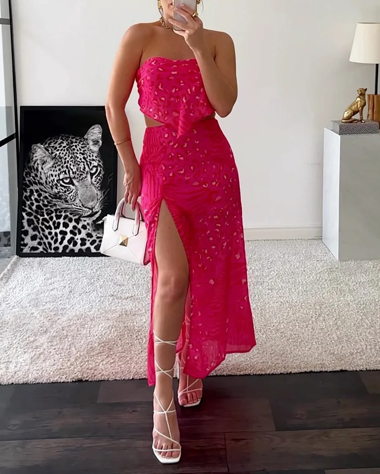 Trendy Sexy Printed Top and Side Slit Maxi Skirt Set