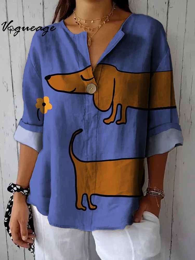 Simple Cartoon Puppy Flower Printed Cotton And Linen Shirt