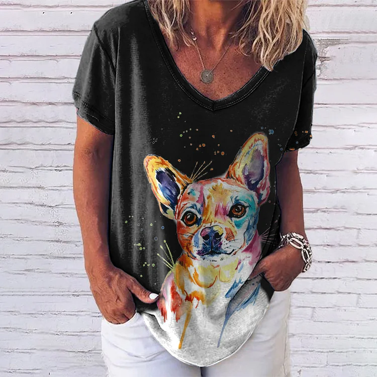 Casual V Neck Colorful Dog Short Sleeve T-Shirt
