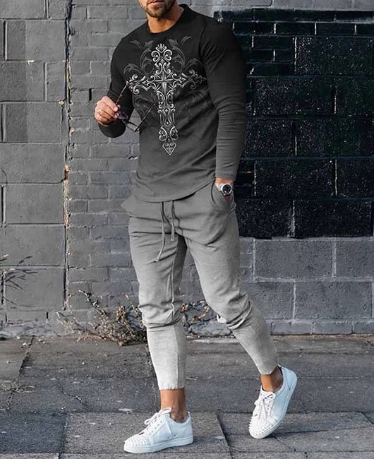 Cross Print Ombre Sweatshirt & Sweatpants Set