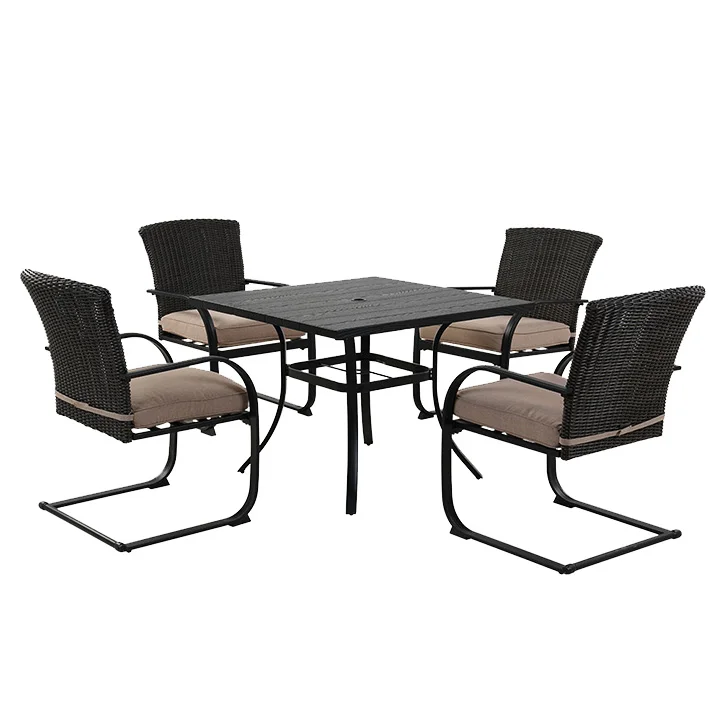 GRAND PATIO 5 Piece Outdoor Dining Table Set, Woodgrain-Look Metal Table and Wicker Chairs for 4 