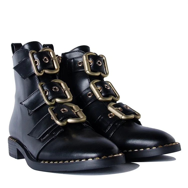 Black Buckles Studdedd Boots Fashion Round Toe Flat Ankle Boots |FSJ Shoes
