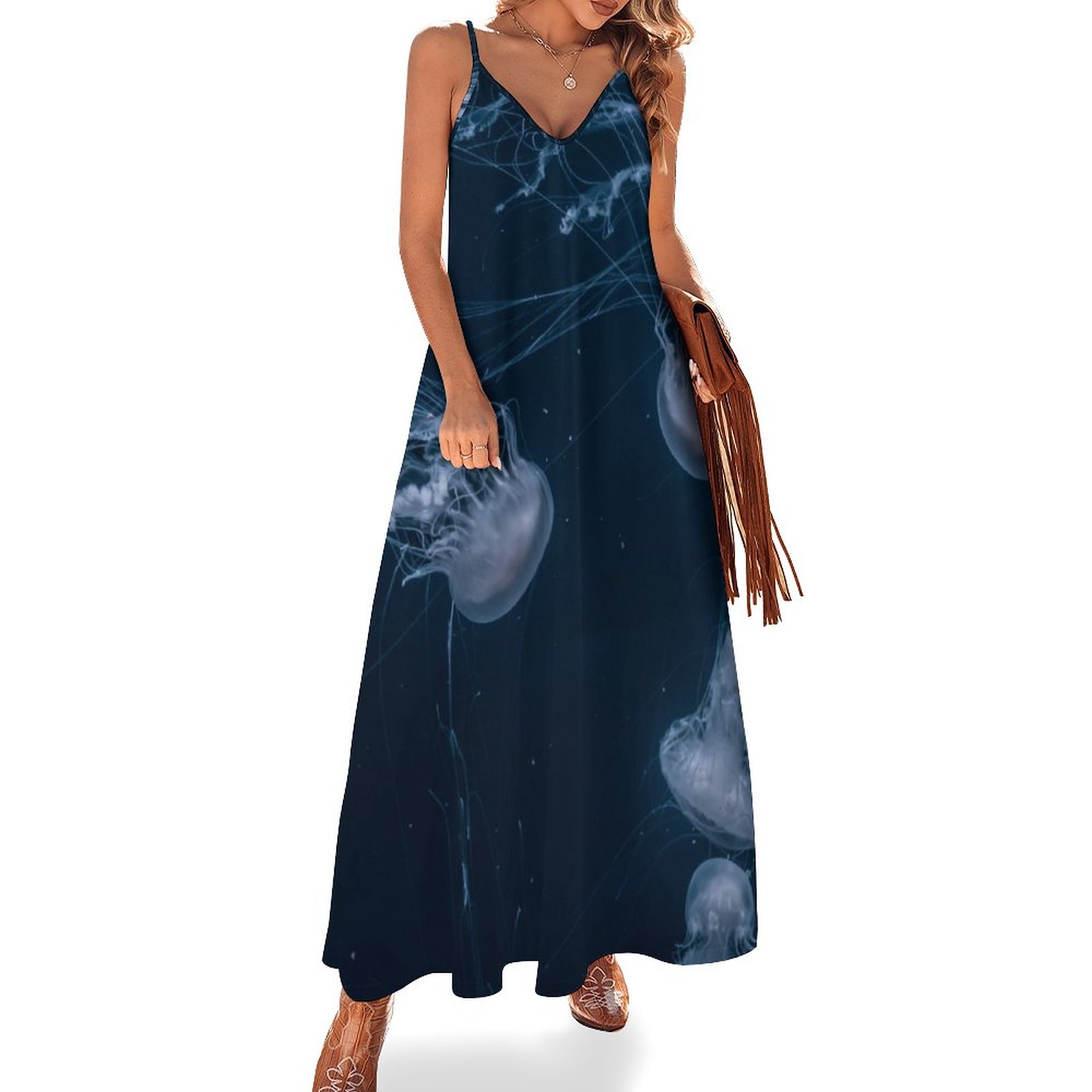 Jellyfish Blue And White Women's Casual Strappy V Neck Sleeveless Flowy Loose Long Maxi Beach Dress Sundress White & Blue-M Jellyfish Blue And White Women's Casual Strappy V Neck Sleeveless Flowy Loose Long Maxi Beach Dress Sundress White & Blue-M