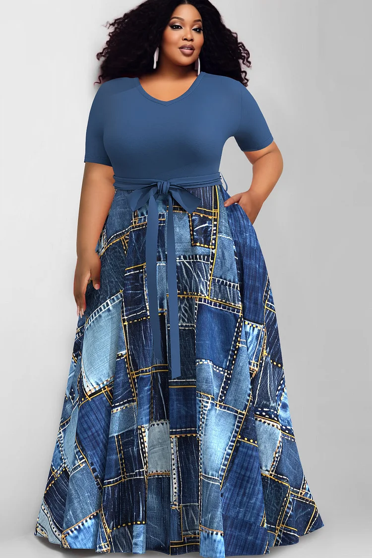 Xpluswear Design Plus Size Daily Royal Blue Round Neck Short Sleeve Pocket Contrast Tencel Denim Print Maxi Dresses