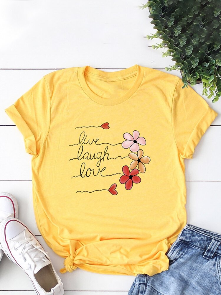 Casual Letter Floral Printed Short Sleeve O Neck Casual T shirt For Women P1666279