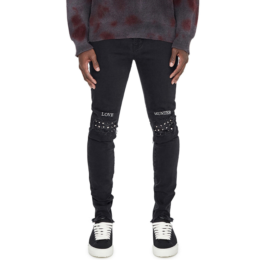 Ripped Rivet Jeans HipHop Stretch Men's Jeans