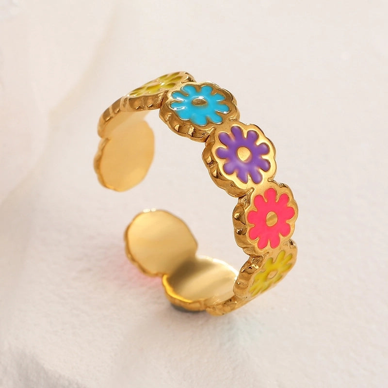 Casual Sweet Minimalist Heart Shape Smiley Face Flower Titanium Steel Enamel Open Rings