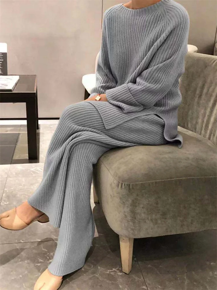 Women's Temperament Commuter Long-sleeved Pants Solid Color Knit Leisure Two-piece Knit Pullover Round Neck Sweater Set-Cosfine