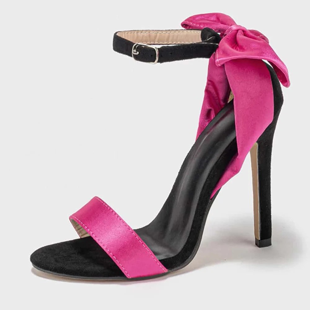 Black & Hot Pink Satin Open Toe 4'' Stiletto Heel Ankle Strap Sandals Nicepairs