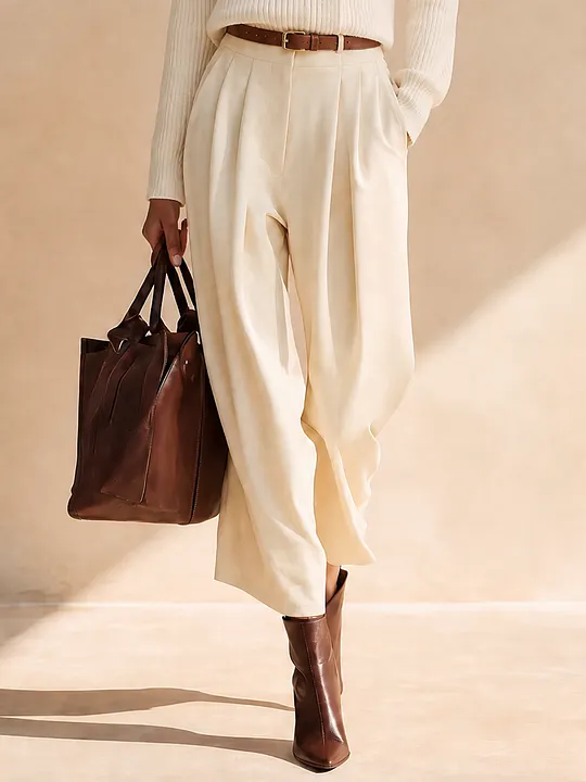 Women's Elegant High-Waisted Pleated Wide-Leg Cropped Trousers MD