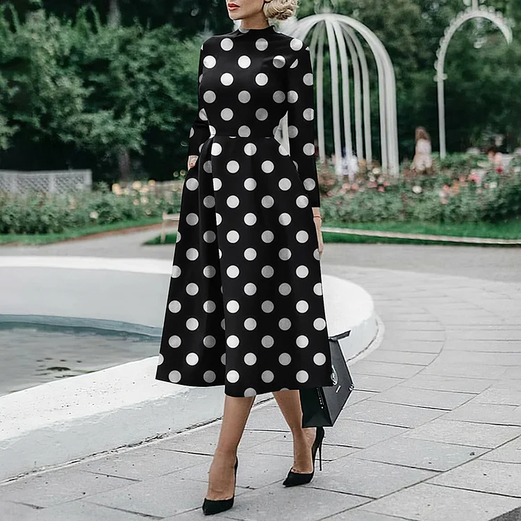 Vefave Elegant Polka Dot Print A Swing Midi Dress