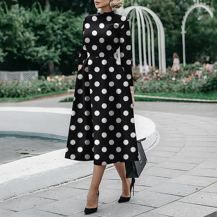 Elegant Polka Dot Print A Swing Midi Dress