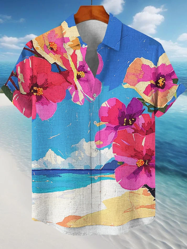 Men's Hawaiian Hibiscus Flowers Art Print Short Sleeve Shirt